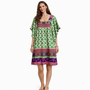 Feather & Find Boho Luxe Bamboo‎ Kaftan Dress Green Geometric Print Size Medium